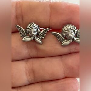 Vintage Fairycore Pewter Cherub Angel Wing Pierced Earrings.
